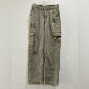 Hollister Ultra High-Rise Embroidered butterflies olive cargo dad pants W25R